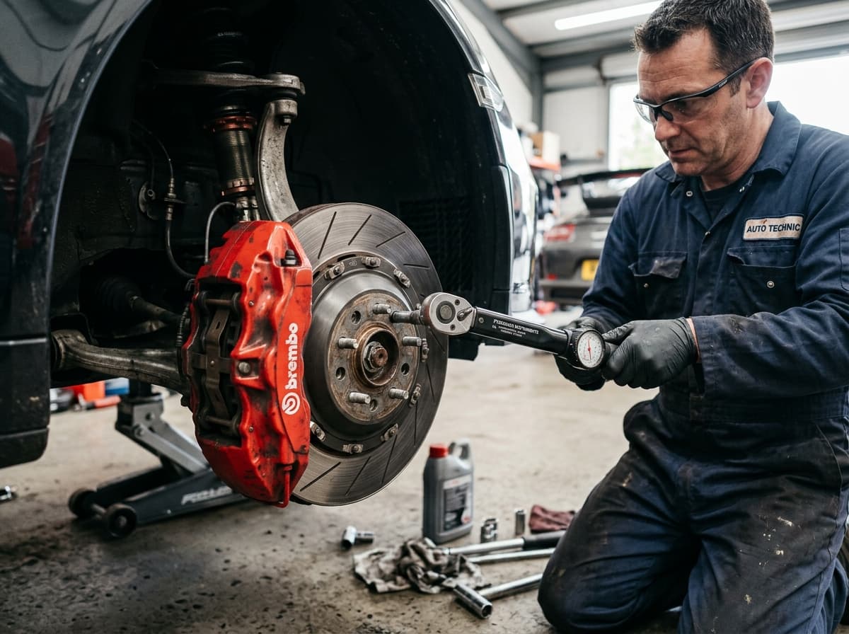 Technician torquing brake assembly with precision tools