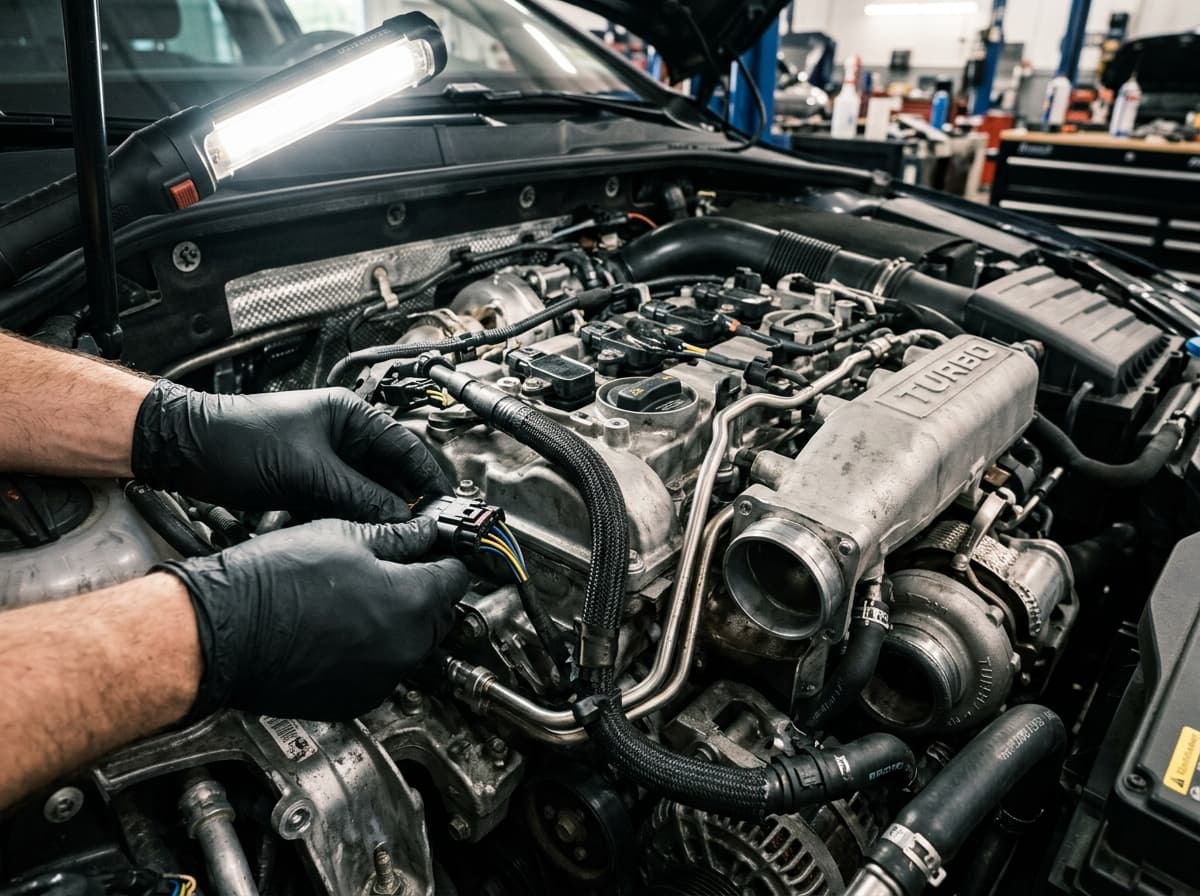 Technician inspecting engine bay electrical connector under LED worklight