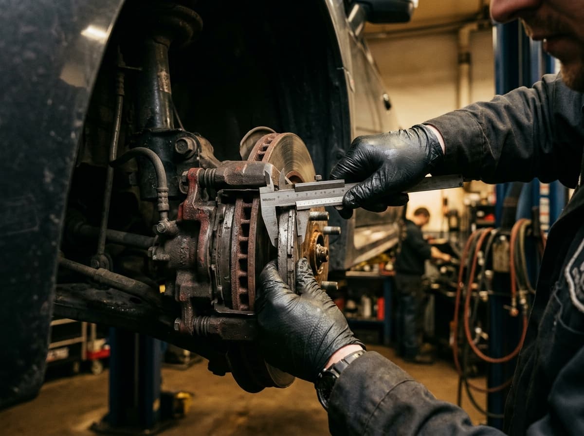 Technician inspecting brake caliper and measuring pad thickness with vernier