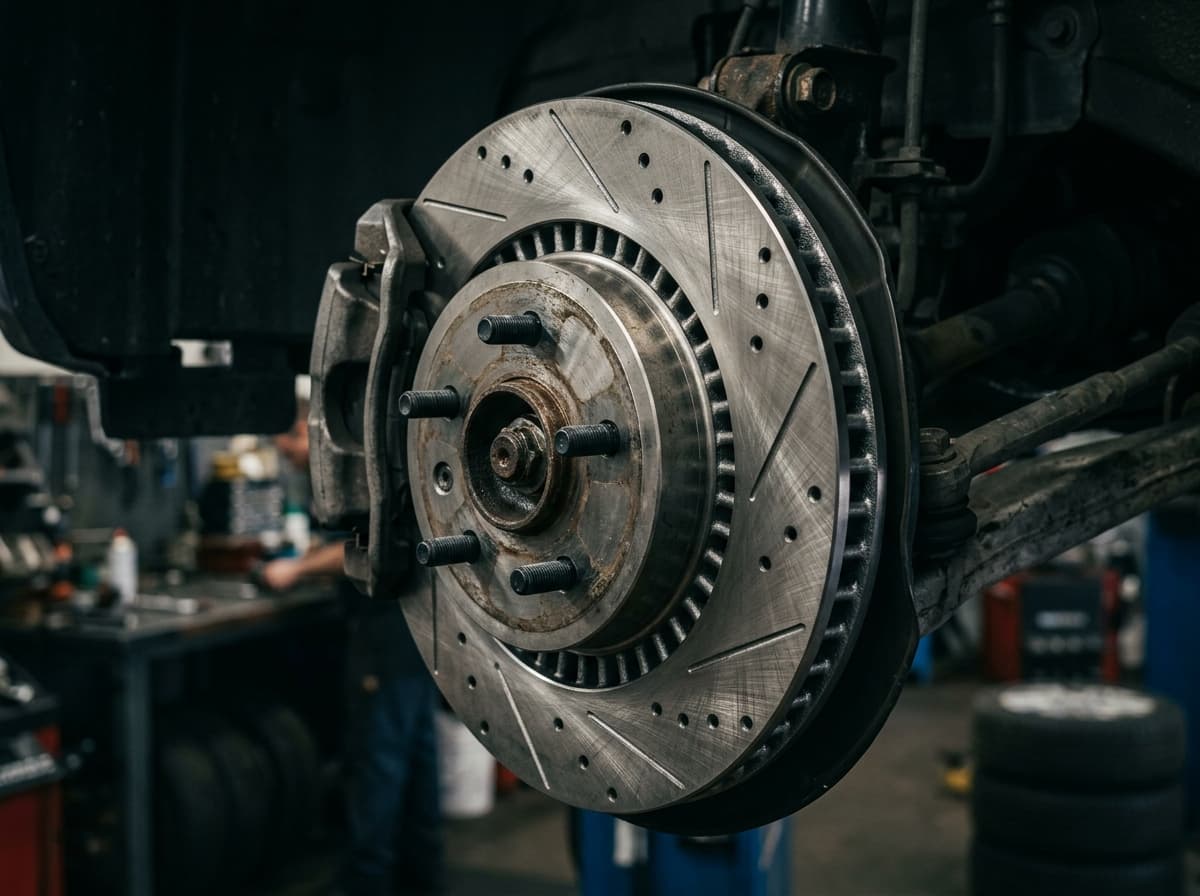 Close-up macro of precision drilled and slotted brake rotor